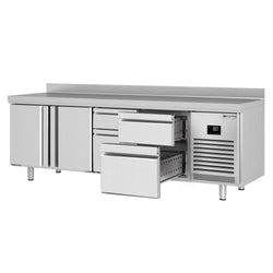 Stół chłodniczy PREMIUM PLUS - 2452x600mm - z 2 drzwiami - z 4 szufladami - z rantem