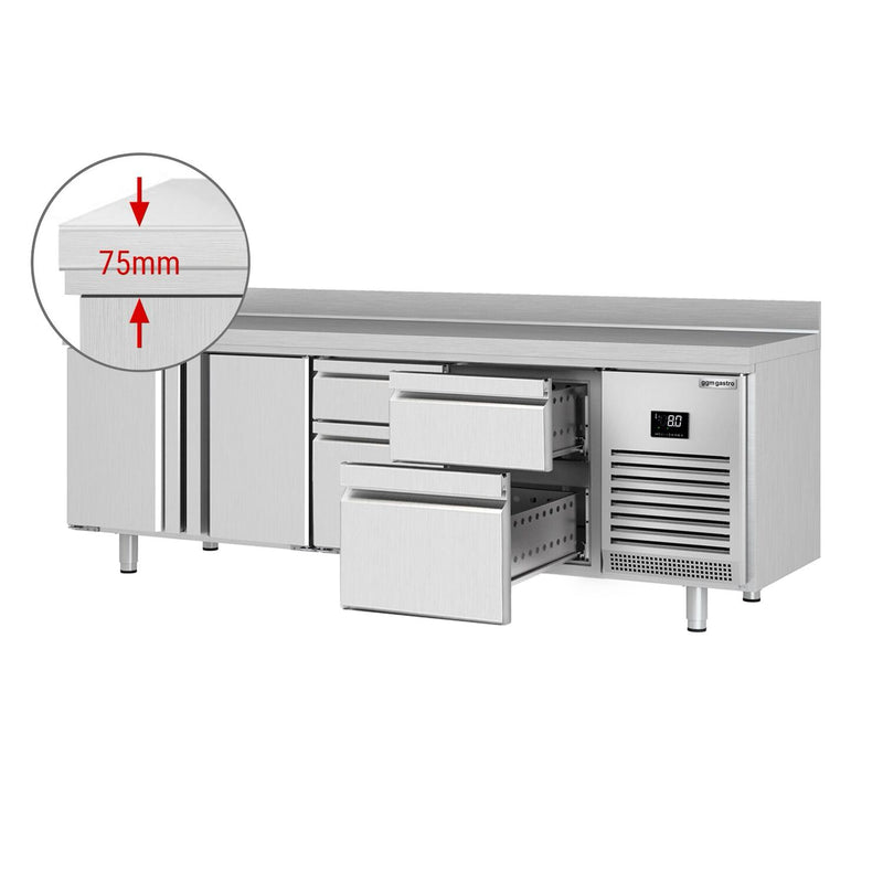 Stół chłodniczy PREMIUM PLUS - 2452x700 mm - z 2 drzwiami & 4 szufladami & panelem tylnym