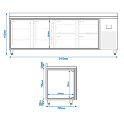 Stół chłodniczy PREMIUM PLUS - 2452x700 mm - z 2 drzwiami & 4 szufladami & panelem tylnym