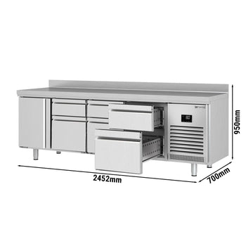 Stół chłodniczy PREMIUM PLUS - 2452x700 mm - z 1 drzwiami & 6 szufladami & panelem tylnym