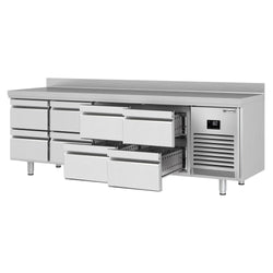 Stół chłodniczy PREMIUM PLUS - 2452x700mm - 625L - z 8 szufladami - z rantem