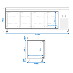 Stół mroźniczy Premium PLUS – 2452 x 700 mm – z 4 drzwiami – z rantem