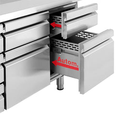 Stół chłodniczy PREMIUM PLUS - 2452x700 mm - z 1 drzwiami & 6 szufladami & panelem tylnym