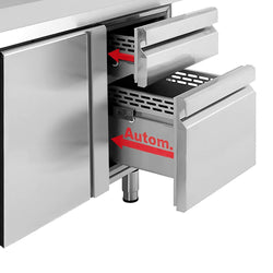 Stół chłodniczy PREMIUM PLUS - 2452x600mm - z 3 drzwiami - z 2 szufladami - z rantem