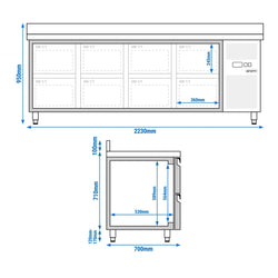 Stół chłodniczy ECO - 2230x700 mm - z 8 szufladami & z panelem tylnym