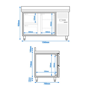 Stół chłodniczy ECO - 1360x700 mm - z 1 drzwiami & 2 szufladami & z panelem tylnym - Prime Gastro