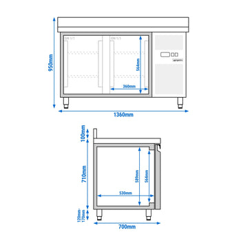 Stół chłodniczy ECO - 1360x700 mm - z 2 drzwiami & panelem tylnym - Prime Gastro