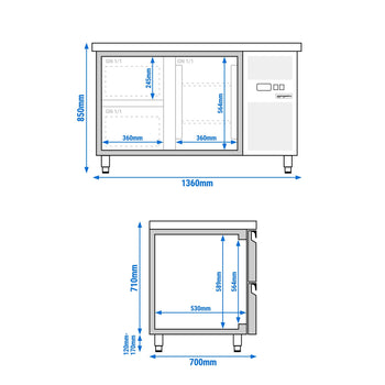 Stół chłodniczy ECO - 1360x700 mm - z 1 drzwiami & 2 szufladami - Prime Gastro