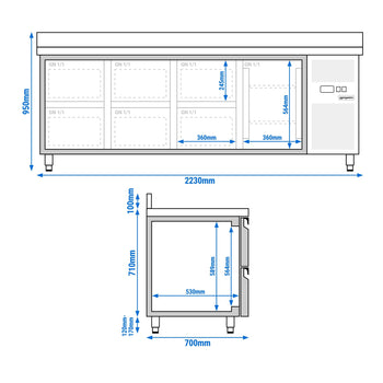 Stół chłodniczy ECO - 2230x700 mm - z 1 drzwiami & 6 szufladami & z panelem tylnym - Prime Gastro