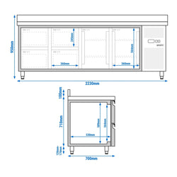 Stół chłodniczy ECO - 2230x700 mm - z 2 drzwiami & 4 szufladami & z panelem tylnym