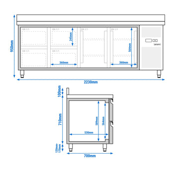 Stół chłodniczy ECO - 2230x700 mm - z 2 drzwiami & 4 szufladami & z panelem tylnym - Prime Gastro