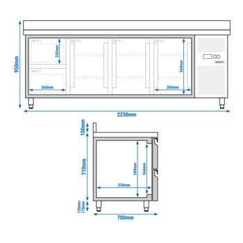 Stół chłodniczy ECO - 2230x700 mm - z 3 drzwiami & 2 szufladami & z panelem tylnym - Prime Gastro