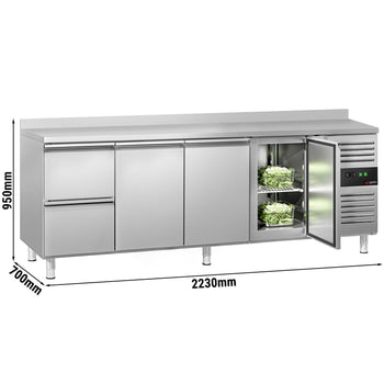 Stół chłodniczy ECO - 2230x700mm - 553L - z 3 drzwiami - z 2 szufladami - z rantem