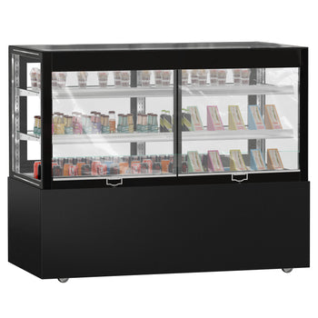 Witryna ekspozycyjna na ciasta MADRID - 1500 mm - z oświetleniem LED, kurtyną & 2 półkami - Czarna matowa - Prime Gastro