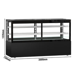 Witryna ekspozycyjna na ciasta MADRID - 2000 mm - z oświetleniem LED, kurtyną & 2 półkami - Czarna matowa
