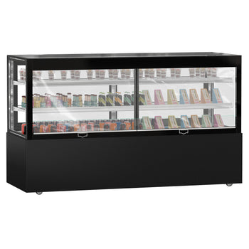 Witryna ekspozycyjna na ciasta MADRID - 2000 mm - z oświetleniem LED, kurtyną & 2 półkami - Czarna matowa - Prime Gastro