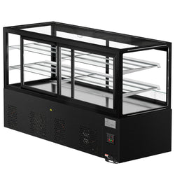 Witryna chłodnicza panoramiczna cukiernicza MADRID samoobsługowa - 710L - 2000mm - podwójne przeszklenie - prostokątna - z 2 półkami - z oświetleniem LED - z kurtyną nocną - Czarny mat
