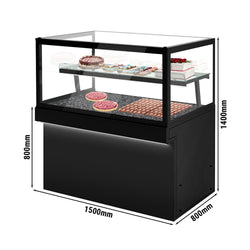 Witryna cukiernicza TORONTO - 1500 mm - czarny panel przedni - z oświetleniem LED & 2 półkami