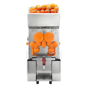 Automatyczna wyciskarka do pomarańczy - 200W - 63kg - z automatyczny podajnik, kranik dozujący, 20 owoców/min, Ø40–90mm - stal nierdzewna