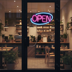 Neon LED – OPEN – z regulacją jasności – niebieski – różowy