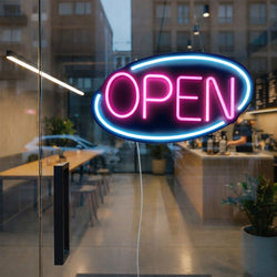 Neon LED – OPEN – z regulacją jasności – niebieski – różowy