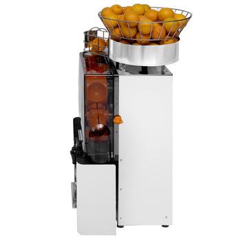 Elektryczna wyciskarka do pomarańczy - z automatycznym podawaniem owoców i kranikiem spustowym - srebrna - Prime Gastro