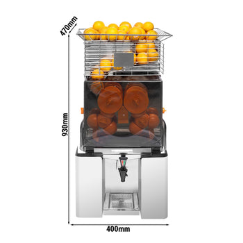 Elektryczna wyciskarka do pomarańczy - z automatycznym podawaniem owoców i kranikiem spustowym - srebrna - Prime Gastro