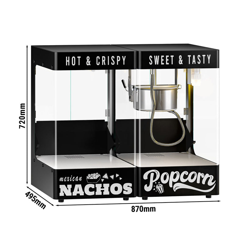 Profesjonalna maszyna do popcornu z podgrzewaczem do nachos / chipsów – 1,31 kW – 5 kg/h – z 1 zbiornikiem – czarna