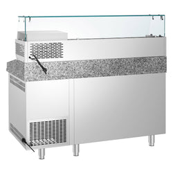 Stół chłodniczy do pizzy PREMIUM - 1550x800mm - z blatem granitowym - 1‑drzwiowy, 5 szuflad - z nadstawką chłodniczą z osłoną szklaną - 6x GN 1/3