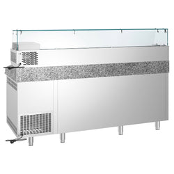 Stół chłodniczy do pizzy PREMIUM - 2150x800mm - z blatem granitowym - 3‑drzwiowy, 3 szuflady - z nadstawką chłodniczą z osłoną szklaną - 10x GN 1/3