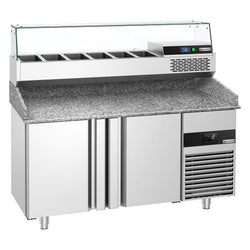 Stół chłodniczy do pizzy PREMIUM - 1550x800mm - z blatem granitowym - 2‑drzwiowy - z nadstawką chłodniczą z osłoną szklaną - 6x GN 1/3