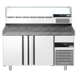 Stół chłodniczy do pizzy PREMIUM - 1550x800mm - z blatem granitowym - 2‑drzwiowy - z nadstawką chłodniczą z osłoną szklaną - 6x GN 1/3