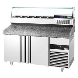 Stół chłodniczy do pizzy PREMIUM - 1550x800mm - z blatem granitowym - 2‑drzwiowy - z nadstawką chłodniczą z osłoną szklaną - 6x GN 1/3