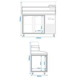Stół chłodniczy do pizzy PREMIUM - 1550x800 mm - z 2 drzwiami - włącznie z witryną chłodniczą nadstawną