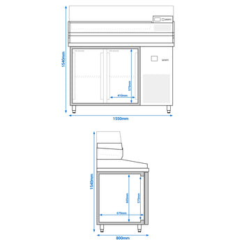 Stół chłodniczy do pizzy PREMIUM - 1550x800 mm - z 2 drzwiami - włącznie z witryną chłodniczą nadstawną - Prime Gastro