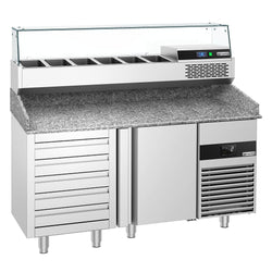 Stół chłodniczy do pizzy PREMIUM - 1550x800mm - z blatem granitowym - 1‑drzwiowy, 5 szuflad - z nadstawką chłodniczą z osłoną szklaną - 6x GN 1/3