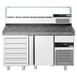 Stół chłodniczy do pizzy PREMIUM - 1550x800mm - z blatem granitowym - 1‑drzwiowy, 5 szuflad - z nadstawką chłodniczą z osłoną szklaną - 6x GN 1/3