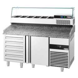 Stół chłodniczy do pizzy PREMIUM - 1550x800mm - z blatem granitowym - 1‑drzwiowy, 5 szuflad - z nadstawką chłodniczą z osłoną szklaną - 6x GN 1/3
