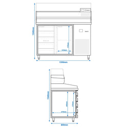 Stół chłodniczy do pizzy PREMIUM - 1550x800 mm - z 1 drzwiami & 7 szufladami - włącznie z witryną chłodniczą nadstawną
