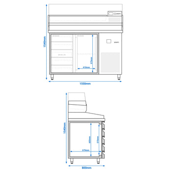 Stół chłodniczy do pizzy PREMIUM - 1550x800 mm - z 1 drzwiami & 7 szufladami - włącznie z witryną chłodniczą nadstawną - Prime Gastro