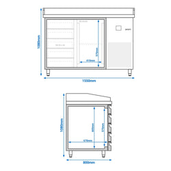 Stół chłodniczy do pizzy PREMIUM - 1550x800 mm - z 1 drzwiami i 5 szufladami