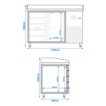 Stół chłodniczy do pizzy PREMIUM - 1550x800 mm - z 1 drzwiami i 5 szufladami - Prime Gastro