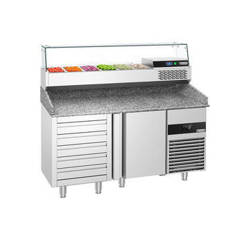 Stół chłodniczy do pizzy PREMIUM - 1550x800mm - z blatem granitowym - 1‑drzwiowy, 5 szuflad - z nadstawką chłodniczą z osłoną szklaną - 6x GN 1/3