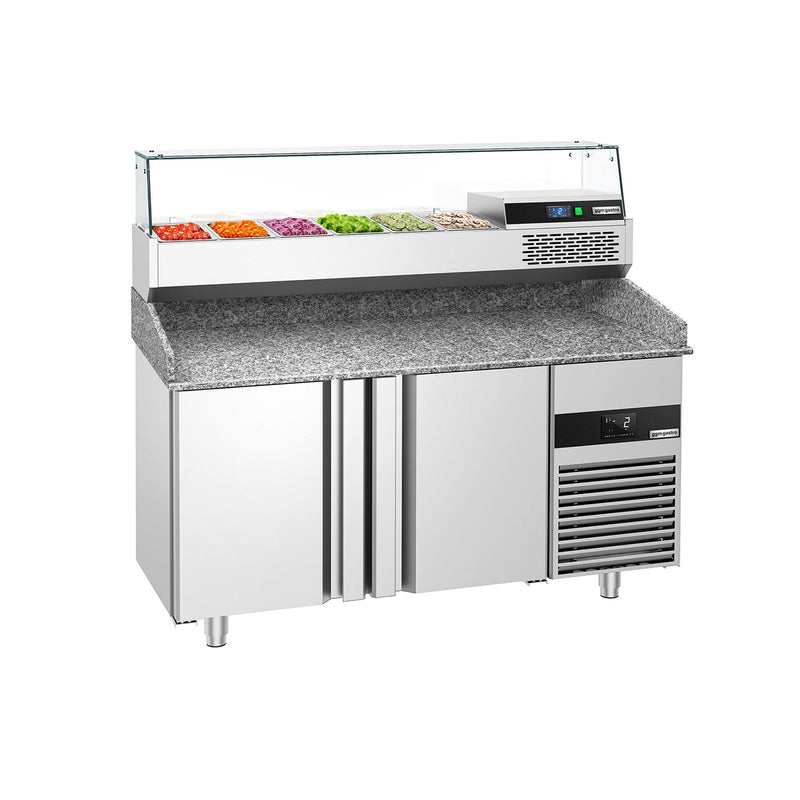 Stół chłodniczy do pizzy PREMIUM - 1550x800mm - z blatem granitowym - 2‑drzwiowy - z nadstawką chłodniczą z osłoną szklaną - 6x GN 1/3