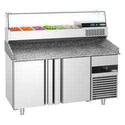 Stół chłodniczy do pizzy PREMIUM - 1550x800mm - z blatem granitowym - 2‑drzwiowy - z nadstawką chłodniczą z osłoną szklaną - 6x GN 1/3