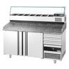 Stół chłodniczy do pizzy PREMIUM - 1600x800mm - z blatem granitowym - 2‑drzwiowy, 3 szuflady - z nadstawką chłodniczą z osłoną szklaną - 6x GN 1/3