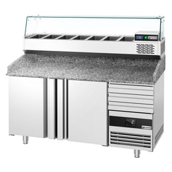 Stół chłodniczy do pizzy PREMIUM - 1600x800mm - z blatem granitowym - 2‑drzwiowy, 3 szuflady - z nadstawką chłodniczą z osłoną szklaną - 6x GN 1/3
