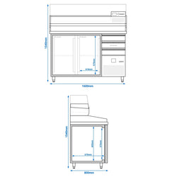 Stół chłodniczy do pizzy PREMIUM - 1600x800mm - z 2 drzwiami i 3 szufladami - włącznie z witryną chłodniczą nadstawną - 6x GN 1/3