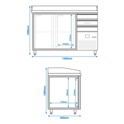 Stół chłodniczy do pizzy PREMIUM - 1600x800 mm - z 2 drzwiami & 3 szufladami