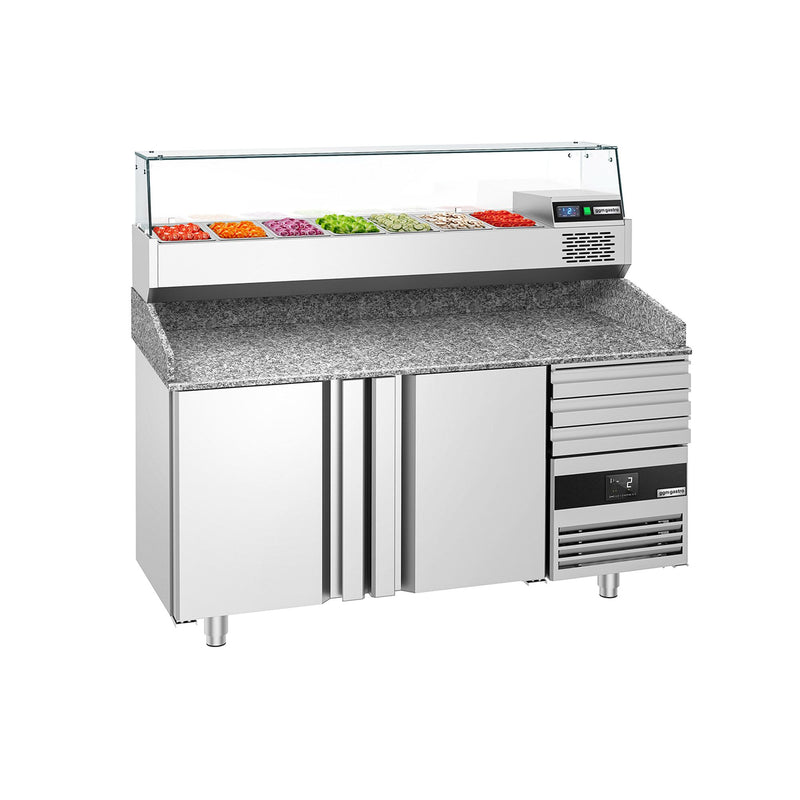 Stół chłodniczy do pizzy PREMIUM - 1600x800mm - z blatem granitowym - 2‑drzwiowy, 3 szuflady - z nadstawką chłodniczą z osłoną szklaną - 6x GN 1/3